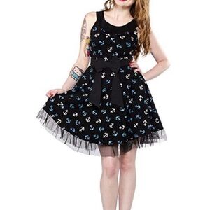 Sourpuss Retro Black Dress with Blue and White Anchors Size L